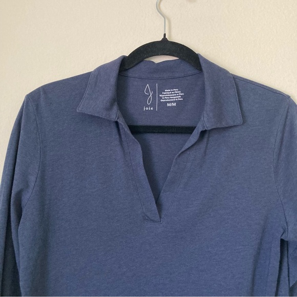 Joie Blue Long Sleeve Polo Top Split V-neck - Picture 4 of 6